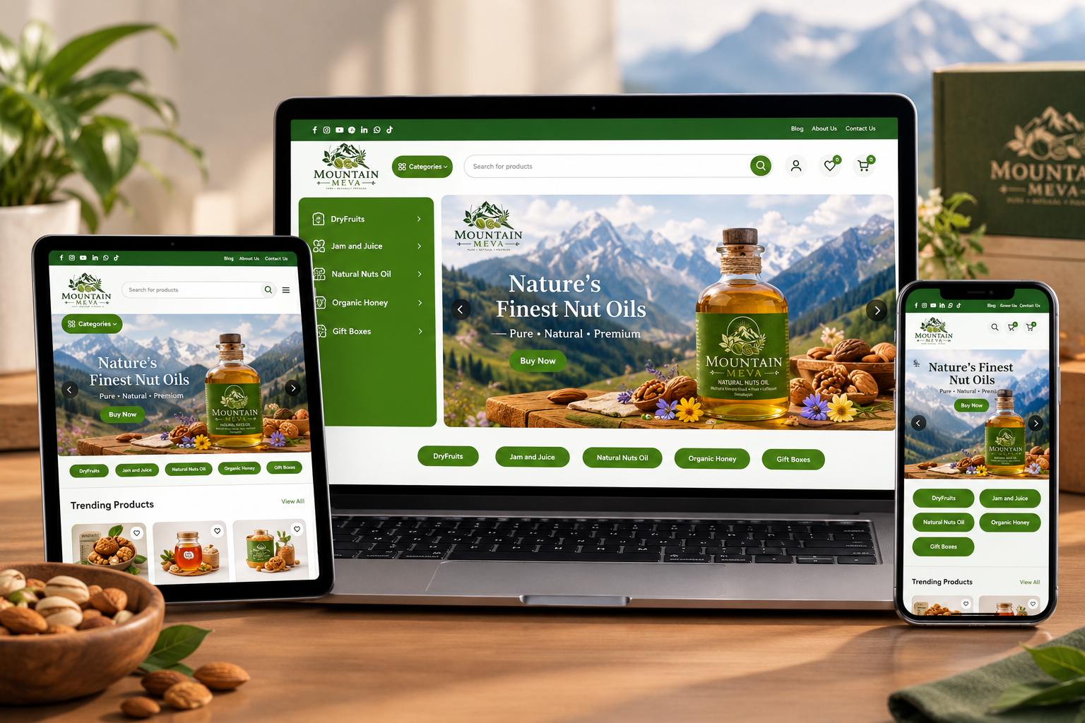 Responsive e-commerce website mockup showcasing Mountain Meva natural products.